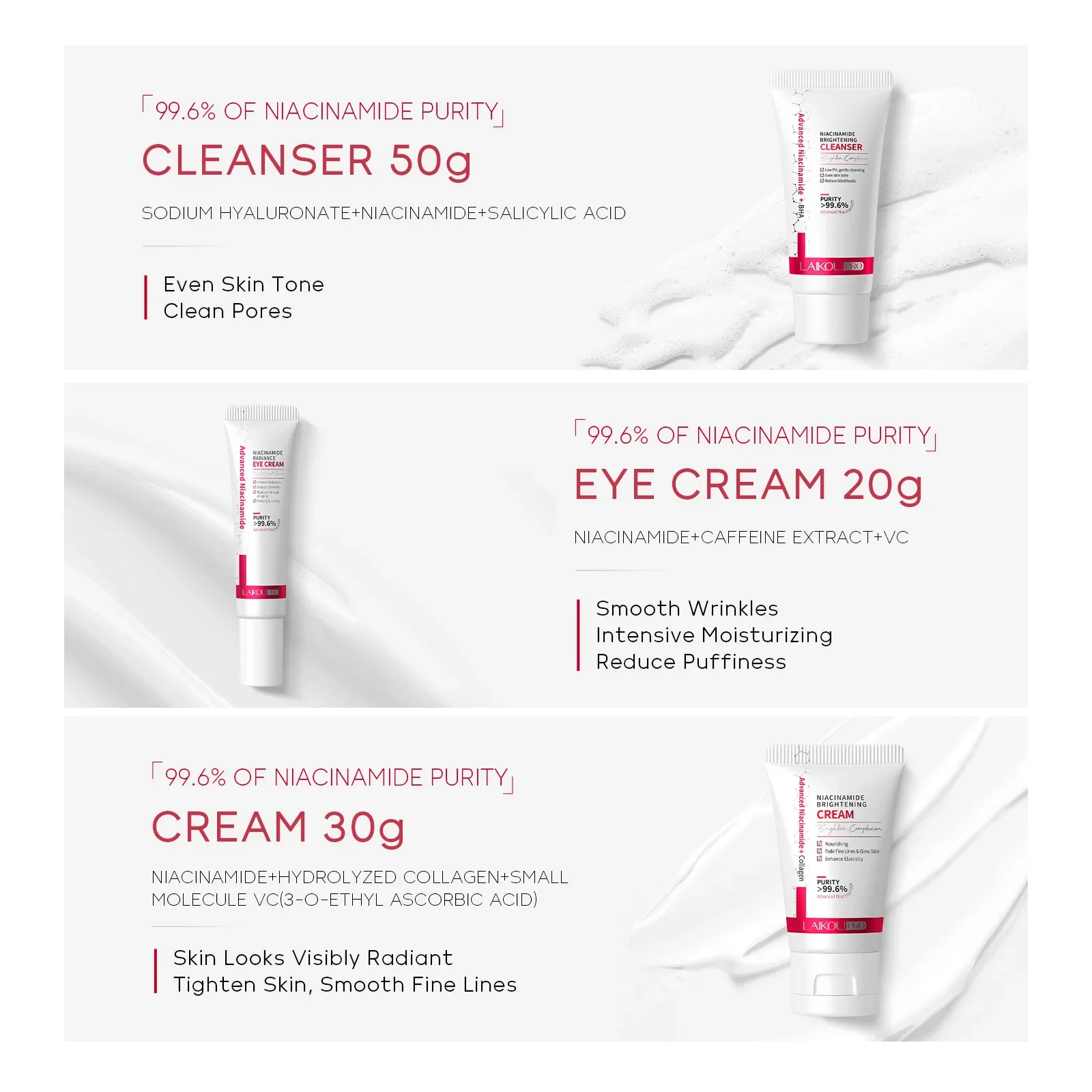 3pcs Niacinamide Skin Care Sets Facial Cleanser Face Cream Serum Facial Eye Essence Moisturizing Hydrating Face Care Kit LAIKOU