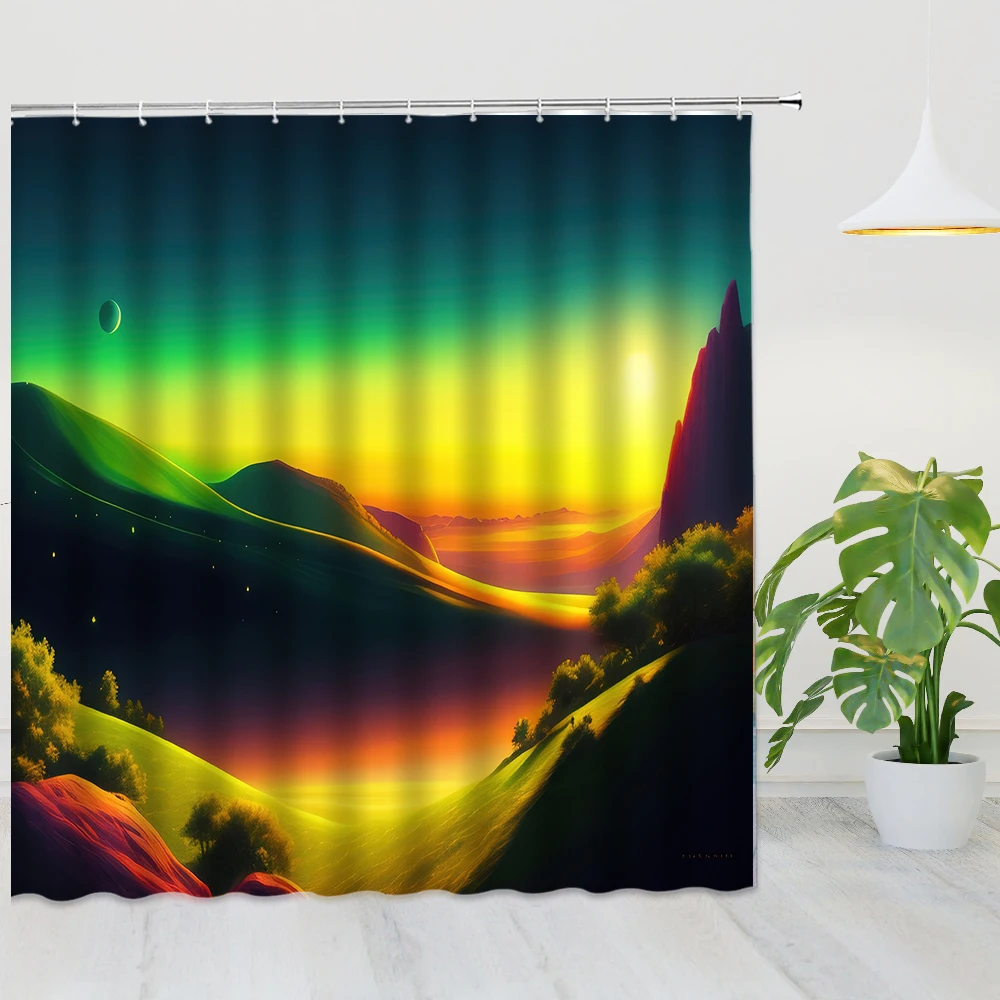 

Autumn Watercolor Mountain Scape Shower Curtain Cartoon Forest Lake Multicolor Valley Nature Scenery Bathroom Decor Bath Screen