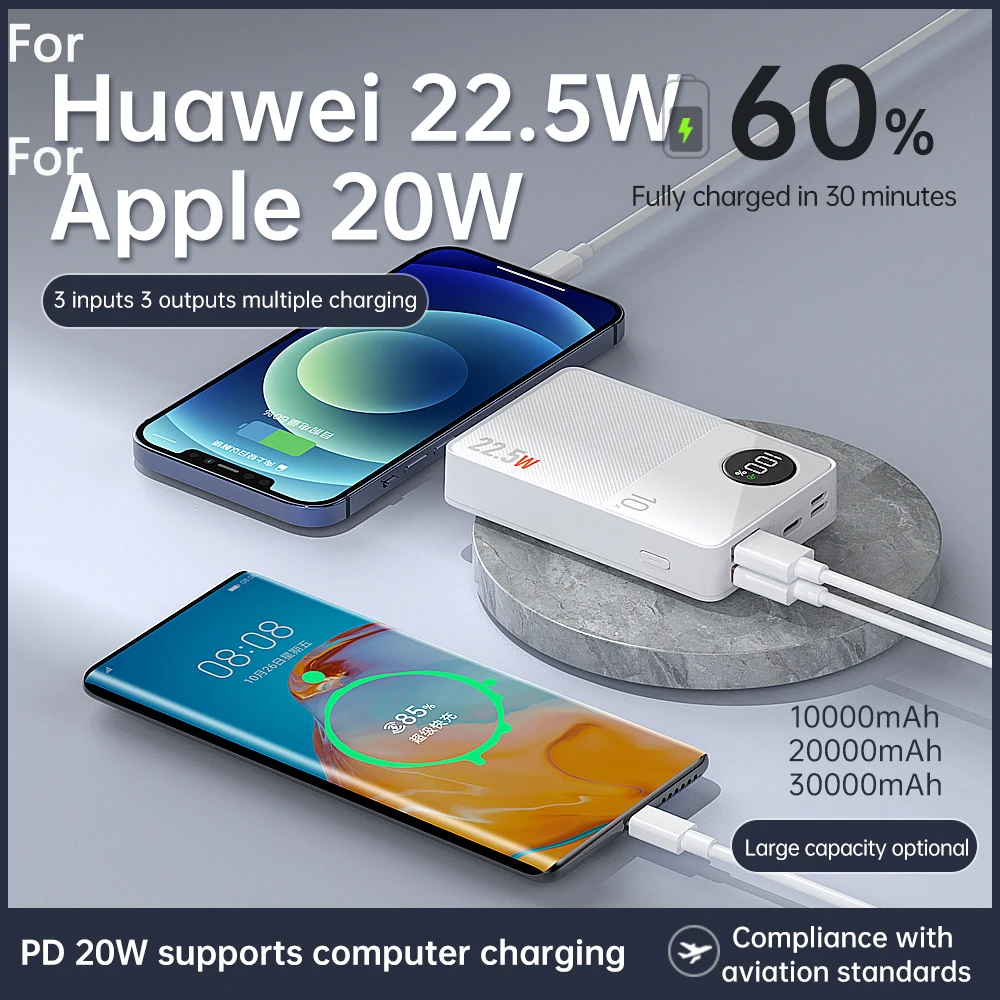 

30000mAh Power Bank PD20W/22.5W Super Fast Charge Portable Charger Powerbank for Macbook iPhone 15 Samsung Xiaomi Spare Battery