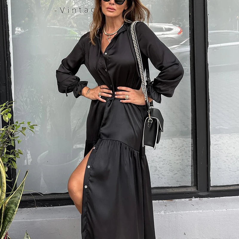 

New Autumn Casual Petal Sleeve Pleated Dress Ladies Turn-down Collar Single Breasted Shirt Dress Fashion Satin Party Long Dress