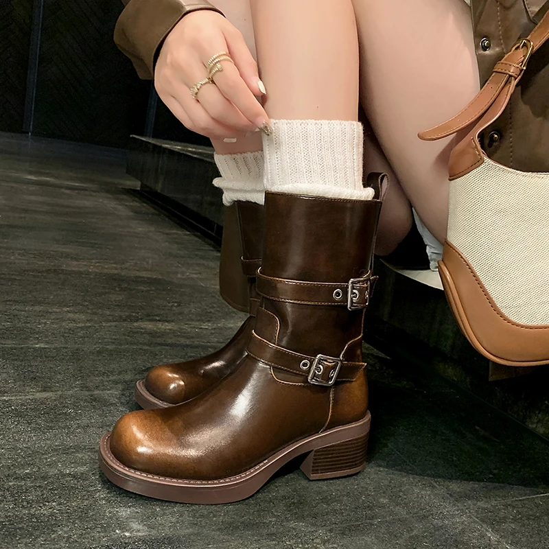 

2023 Autumn Women Boots Round Toe Chunky Heel Shoes Women Winter Genuine Leather Boots Short Boots Motorcycle Boots for Women