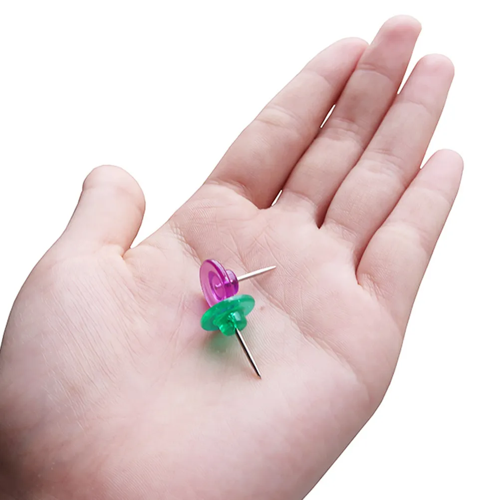 100Pcs 투명 다채로운 푸시핀 보관함 사무실 학교 홈 게시판 지도 태그 작은 머리 플라스틱 강철 못