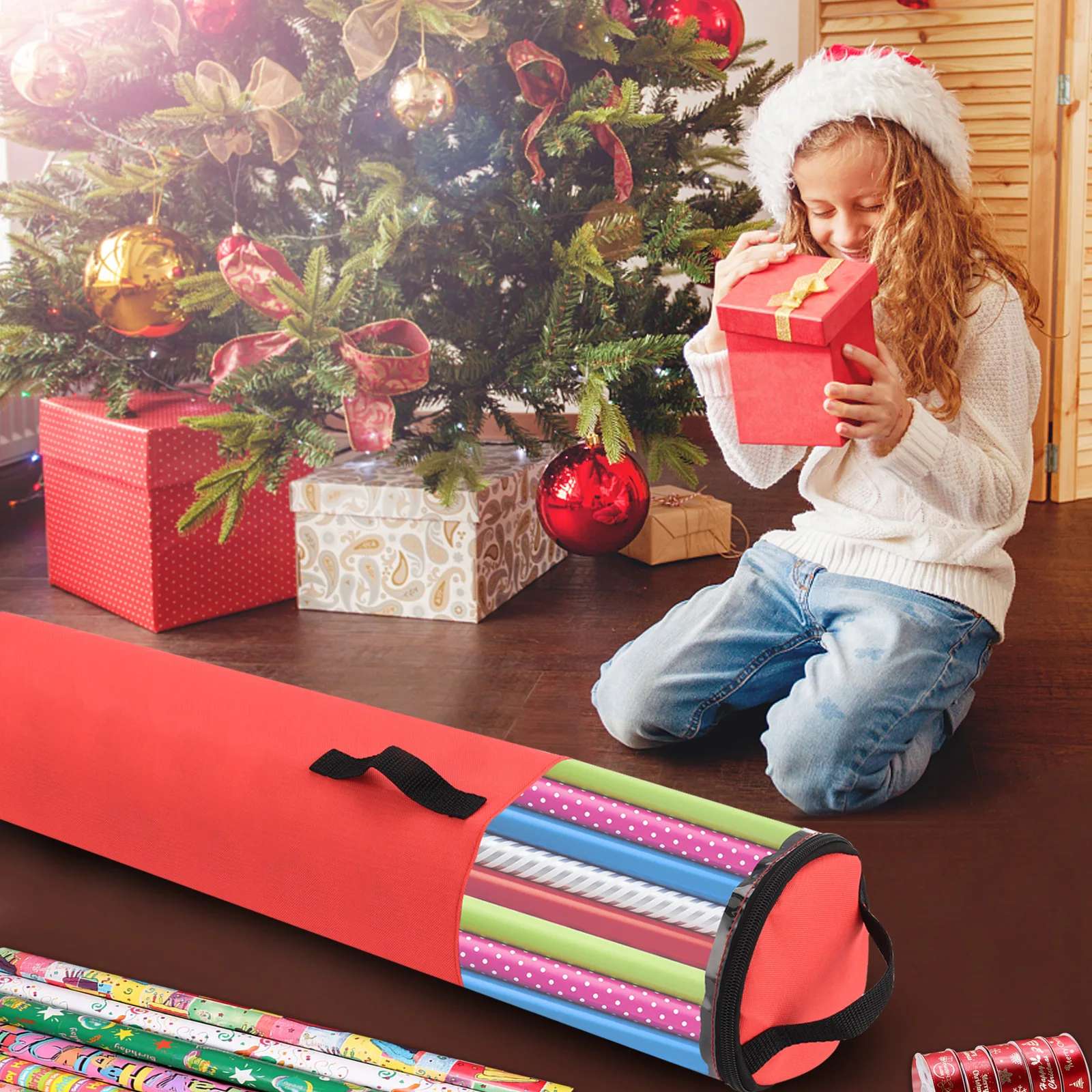 Description Picture 4 of itemWaterproof Christmas Wrapping Paper Storage Bag Zippered Rolled Ribbons Gift Wrapping Organizer Xmas Gift Wrap Organiser