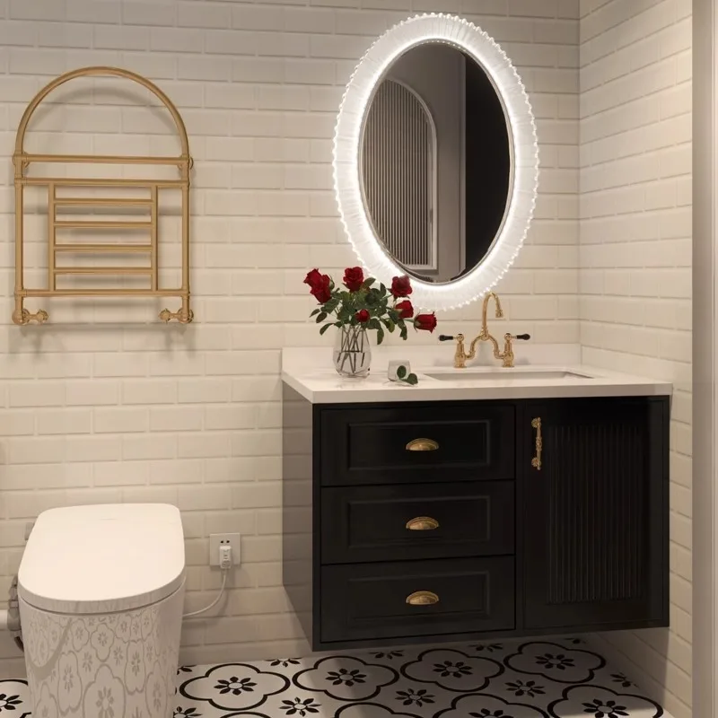 

Vintage Black Solid Wood Bathroom Cabinet with Smart Mirror Retro Washbasin Bathroom Vanity Cabinet with Sink Bathroom Furniture