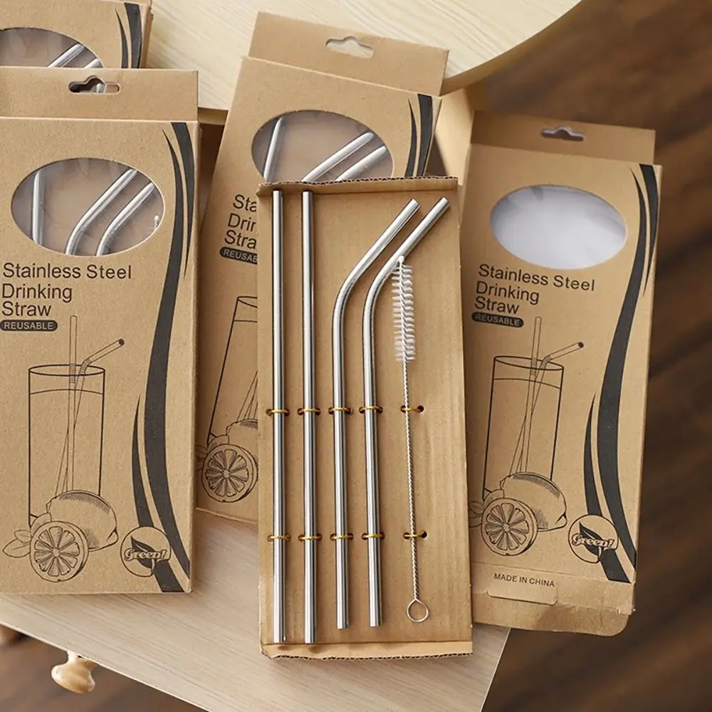 

2Packs 5Pcs/Pack Straight Bent Stainless Steel Straws Drinking Silver Cup Straw Reusable 6mm Straw Set
