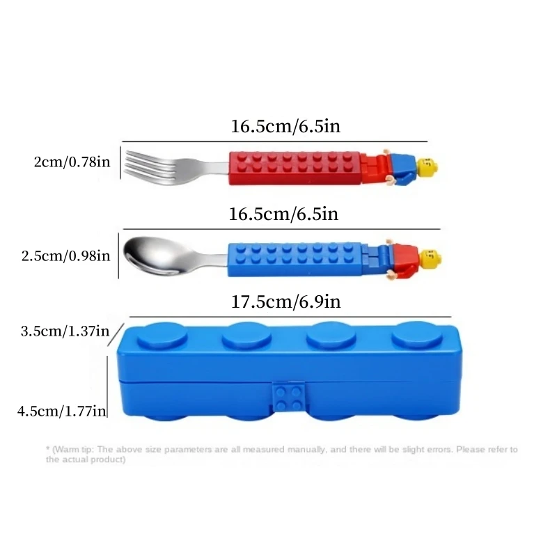 Stainless Steel Kids Building Block Fork and Spoon Set with Portable Storage