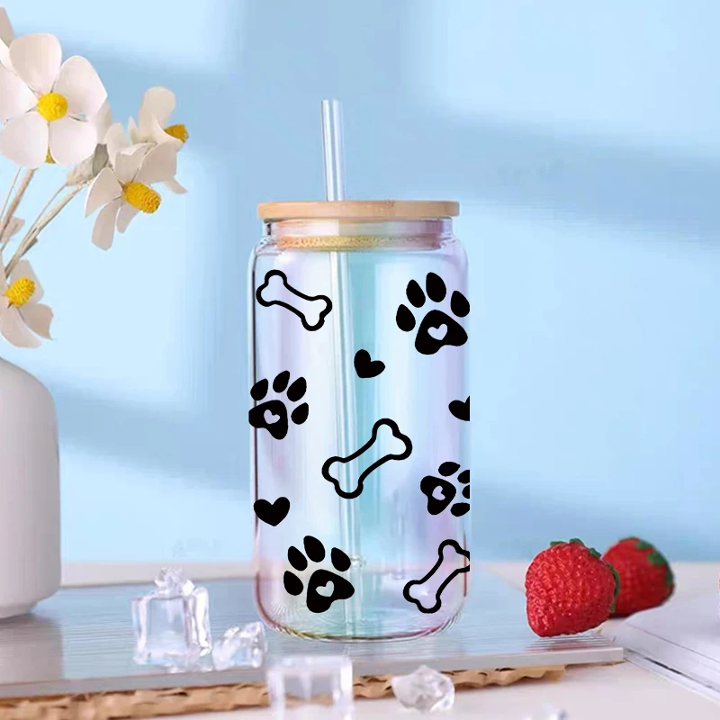 UV DTF Bear horse cat dog Transfer Happy Juice Printed Sticker For 16oz Libbey Glasses Wraps Bottles D7510 Adhesive Vinyl Stickers
