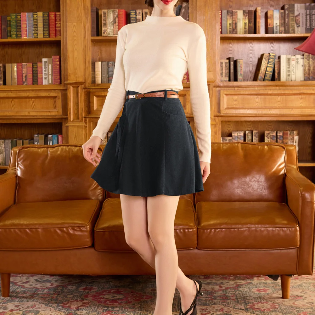 BP Women Vintage Corduroy Skirt With Belt Elastic Waist Mid-Thigh Slim Fit Above Knee A-Line Skirt Casual Fashion Lady Clothes
