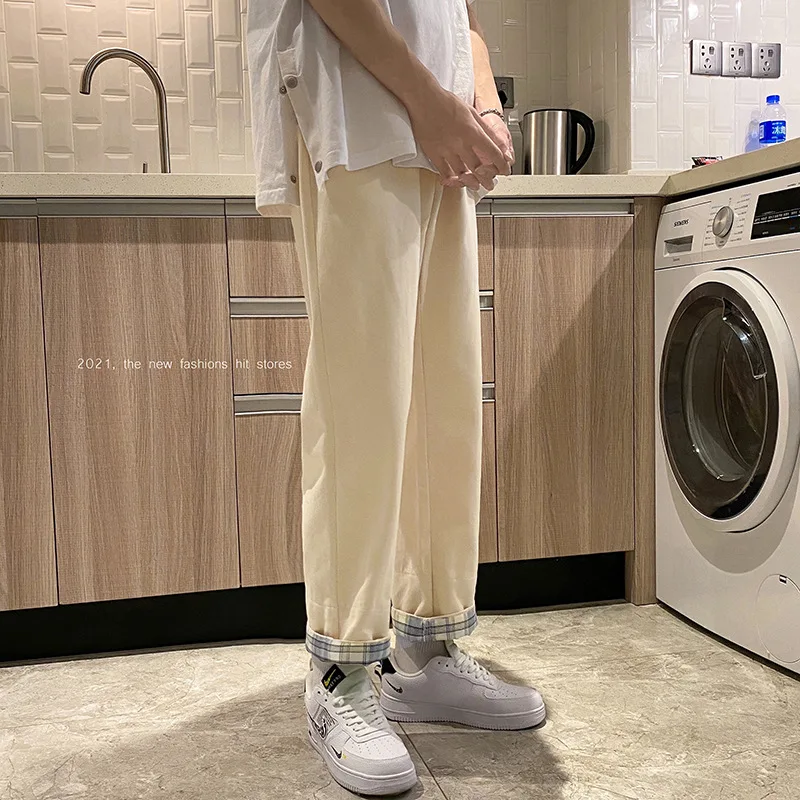 Straight Cylinder Solid Color Men Breathable Trousers Plaid Loose Casual All-match Harajuku Korean Bound Feet Cropped Pants