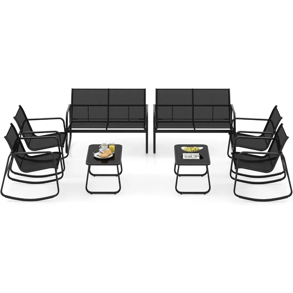 

8 Piece Patio Swing Set, 2 Rocking Chairs & Two-Seat Sofa, Table with Glass Top, Patio Furniture Set, Outdoor Rocking Chair