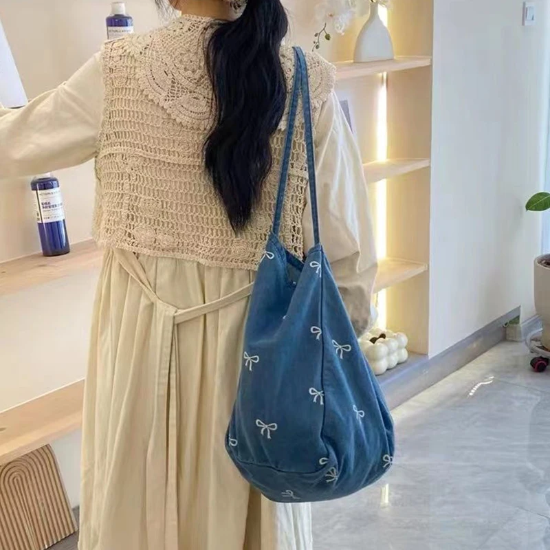 Pure Color Denim Large Capacity Tote Bag Fashion Shoulder Women's Bag Winter Casual Travel Shopper Handbags