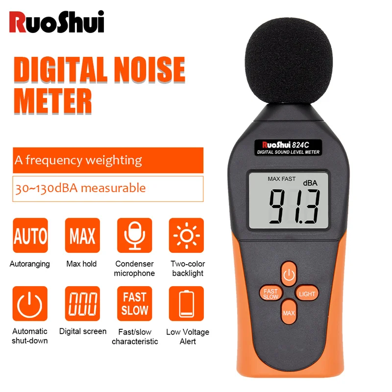 

RuoShui 824C Digital Sound Level Meter Automatic Range Mesa De Som Noise Detector High Precision Medidor De Ruidos Decibel Meter