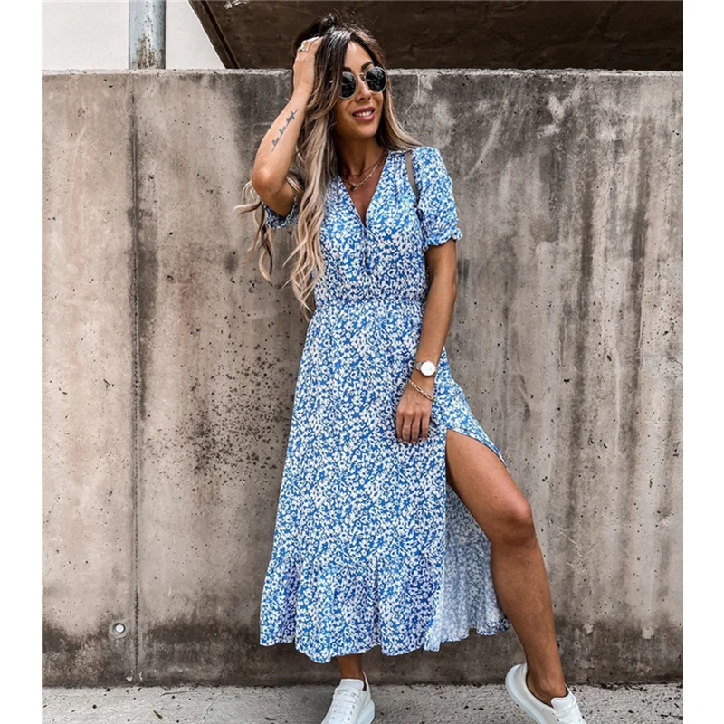 

Женское богемное платье с коротким рукавом и V-образным вырезом