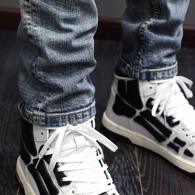 Italian Style Fashion Men Jeans High Quality Retro Blue Elastic Slim Fit Ripped Jeans Men Vintage Designer Denim Pants Hombre