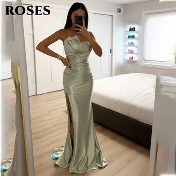 ROSES Elegant Modern Style Prom Dresses Strapless Backless Pleating Evening Gown Satin Side High Split Formal Gown Customized 1