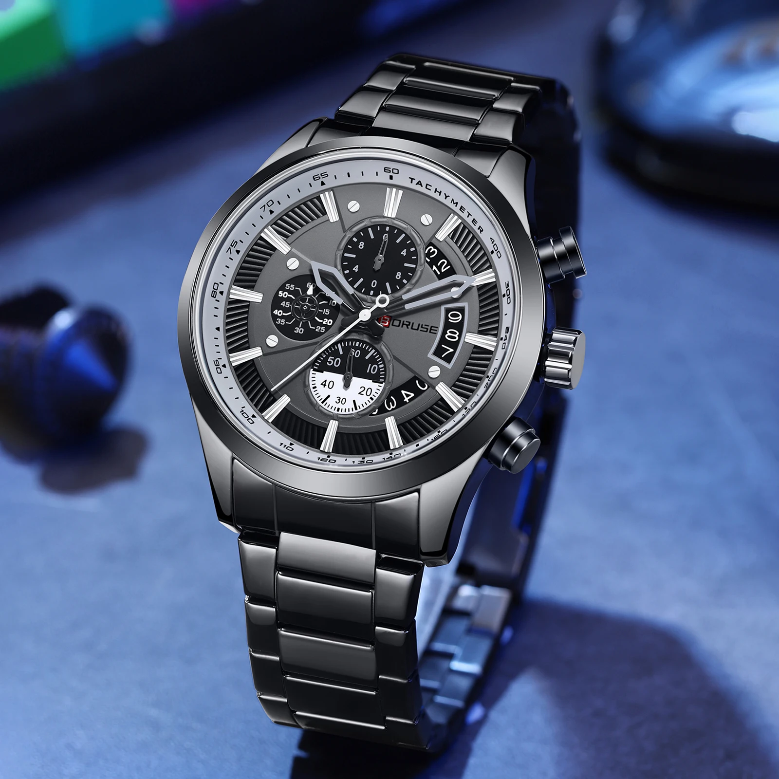 BORUSE Men Watches Waterproof Chronos Black Stainless Steel Band Luxury High Quality Fashion Brand Wristwatches Business Sport