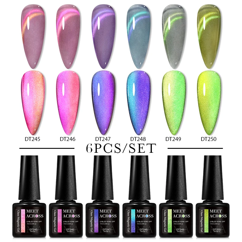 

MEET ACROSS 6Pcs/Set 7ml Glitter Cat Magnetic Gel Nail Ponish Double Light Rainbow Crystal Jelly Magnetic Semi-Permanent UV Gel