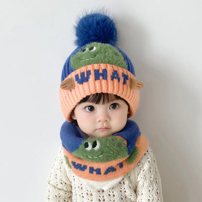Doitbest 2 Pcs Pompom Kids Hat Scarf Set WHAT Letters Knit Warm Child Hats For Boys Girls Bonnet Beanie Winter Children Cap
