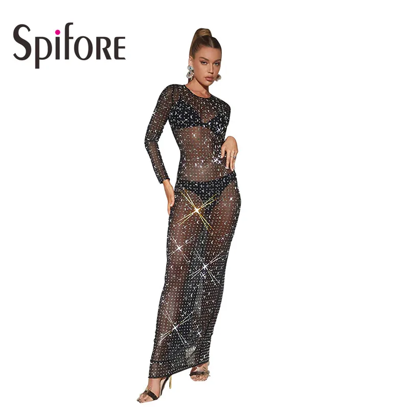 

Spifore Glitter Diamonds Maxi Women Dress Long Sleeve O Neck See Through Mesh Vestidos Sexy Sparkle Party Clubwear Outfits