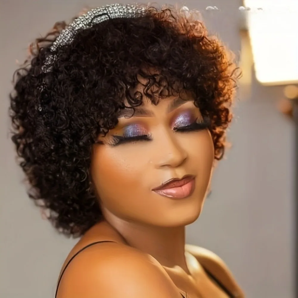 짧은 곱슬머리 가발, 킹키 텍스처의 인모로 제작, 앞머리 포함, 모든 사람을 위한 풀 머신메이드 로즈 넷 캡