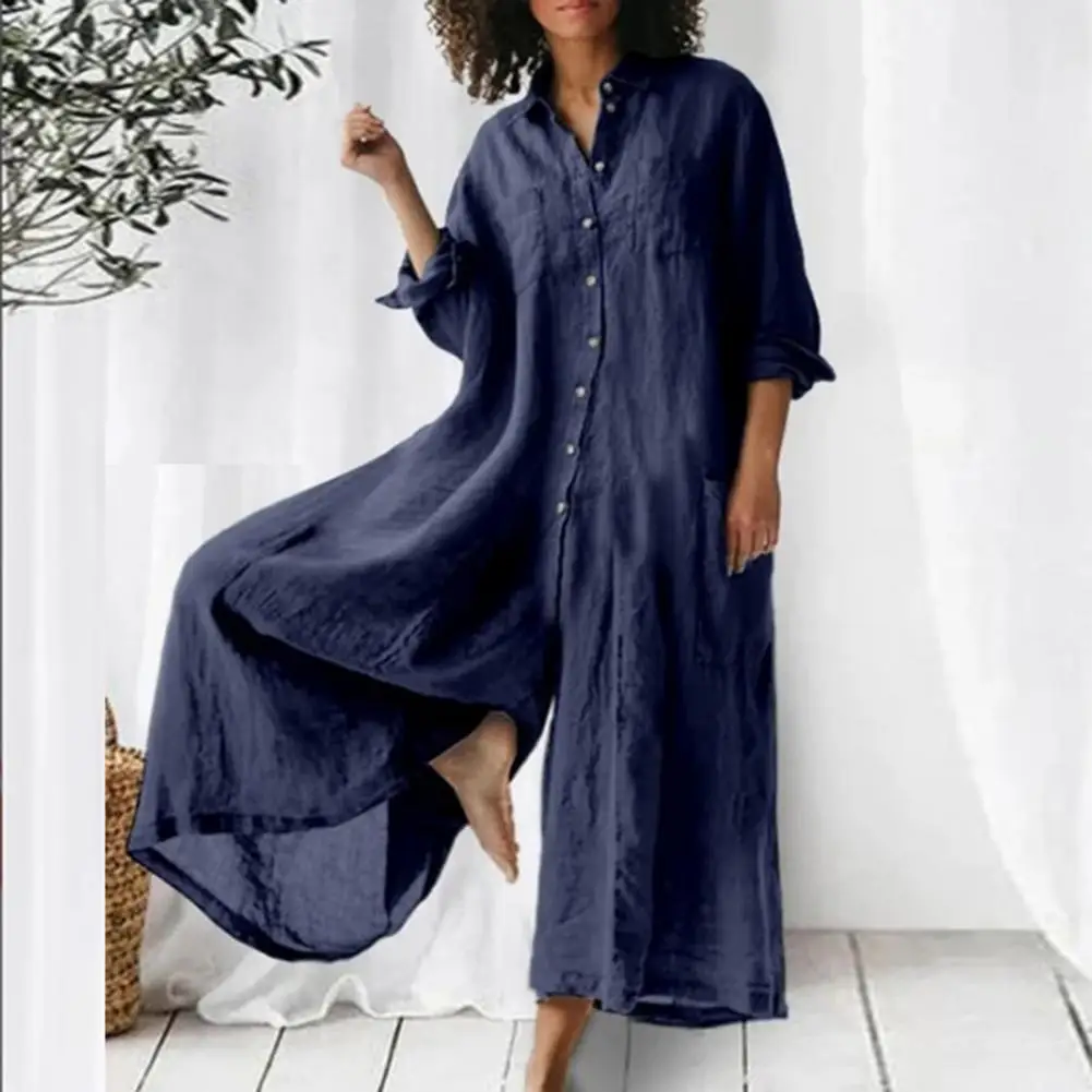 

Casual Jumpsuit Button Closure Ladies Wide Legs Pants Long Romper Turndown Collar Breathable Women Jumpsuit Dating Wear