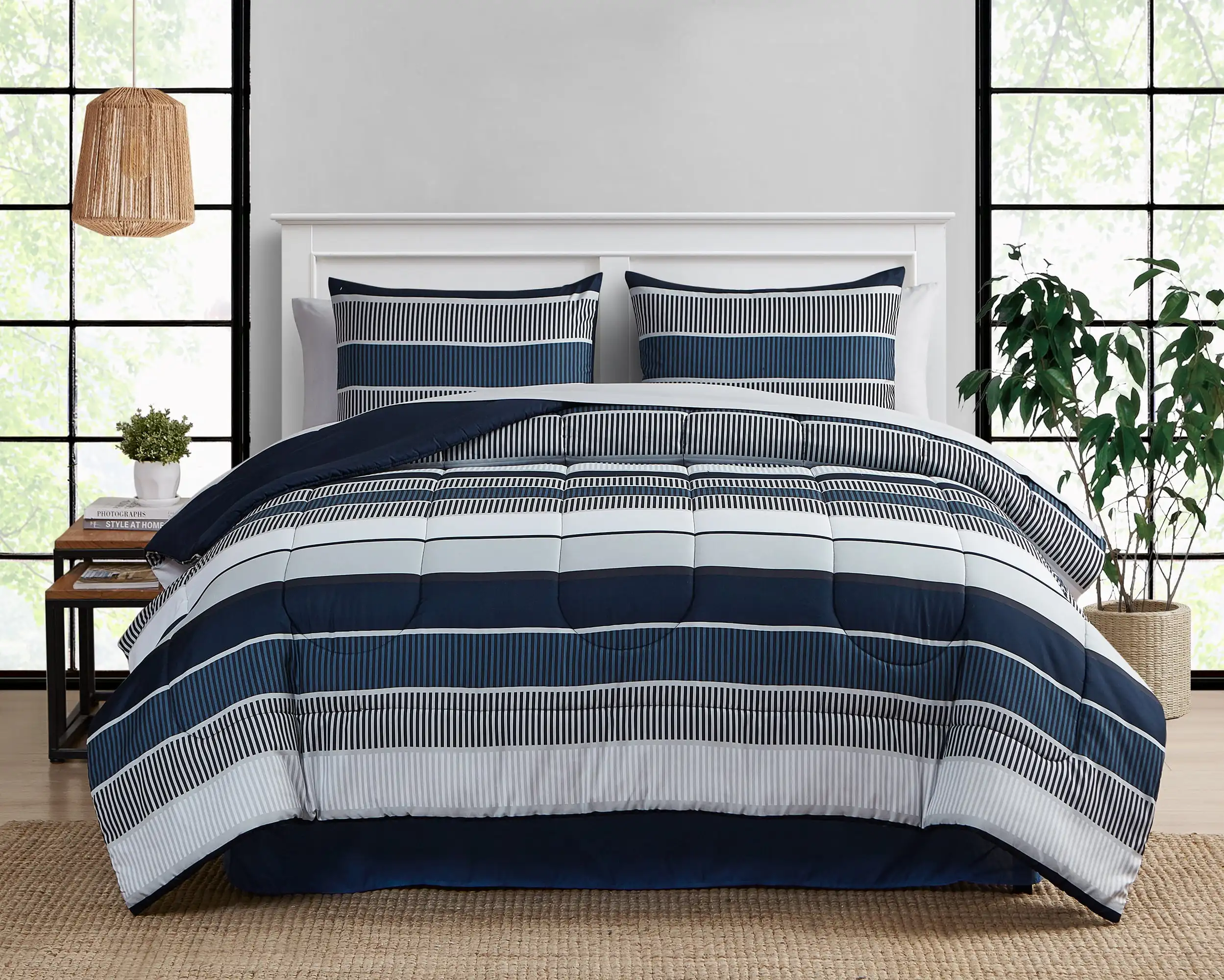 

Mainstays Blue Stripe 8 Piece Bed in a Bag Comforter Set With Sheets, Queen