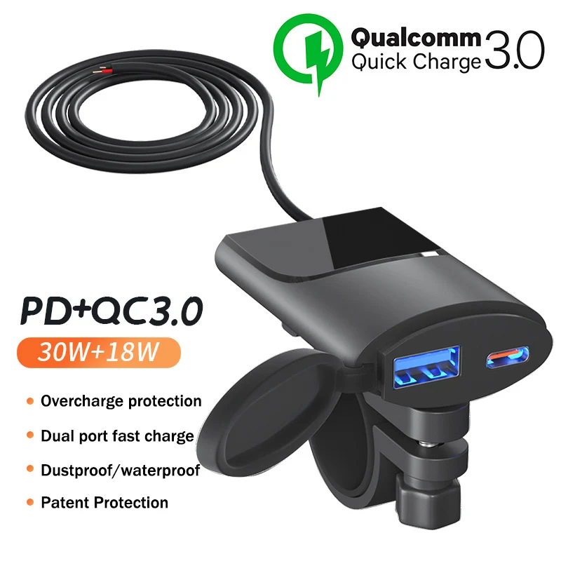 

Car Mobile Phone Charger Fast Charging PD + USB Motorcycle QC3.0 Cell Phone Charger DC12V-24V