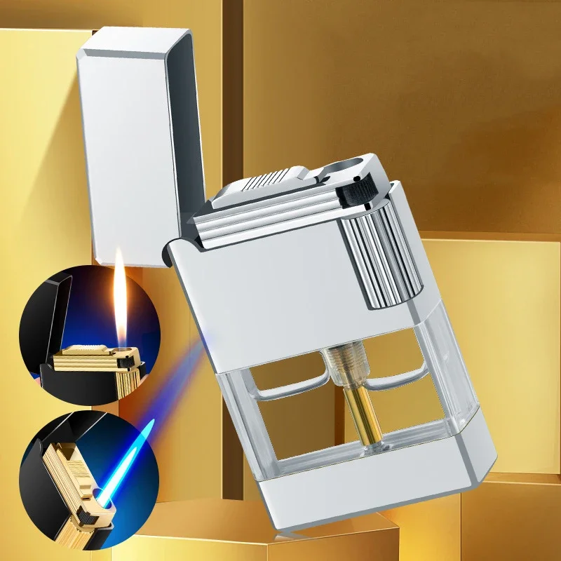 

New Metal Hot Sale Double Fire Exchange Transparent Kerosene Gas Tank Lighter Side Pulley Ignition Design Portable Men's Gift