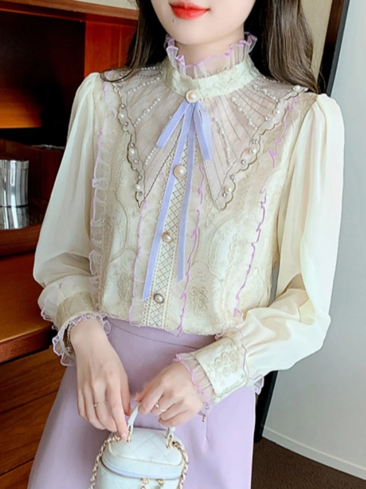 Office Lady Stand Collar Puff Sleeve Lace Top Spring Autumn Vintage Long-Sleeve Single-Breasted Chiffon Shirt Women's Clothing