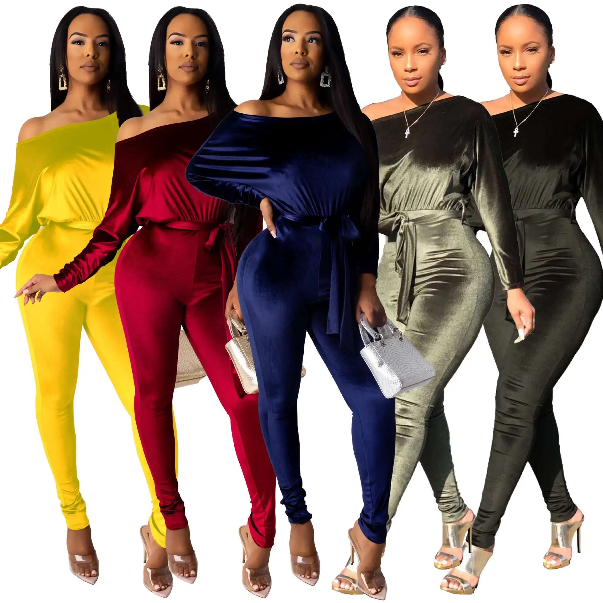 

Womens Jumpsuit Autumn Winter Velvet Sexy Long Sleeve Off Shoulder Bodysuit Jumpsuit With Belt Women Velvet Jumpsuits Rompers