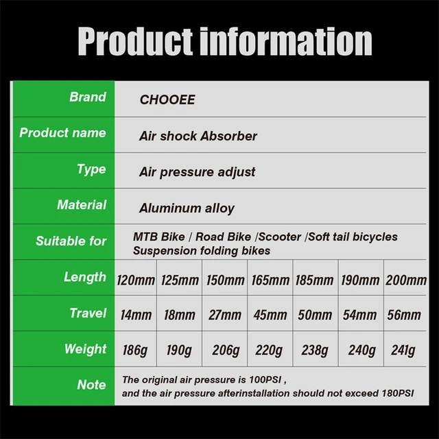 Ammortizzatore Posteriore MTB Chooee - 120-200mm Per Mountain Bike E Bici Elettriche