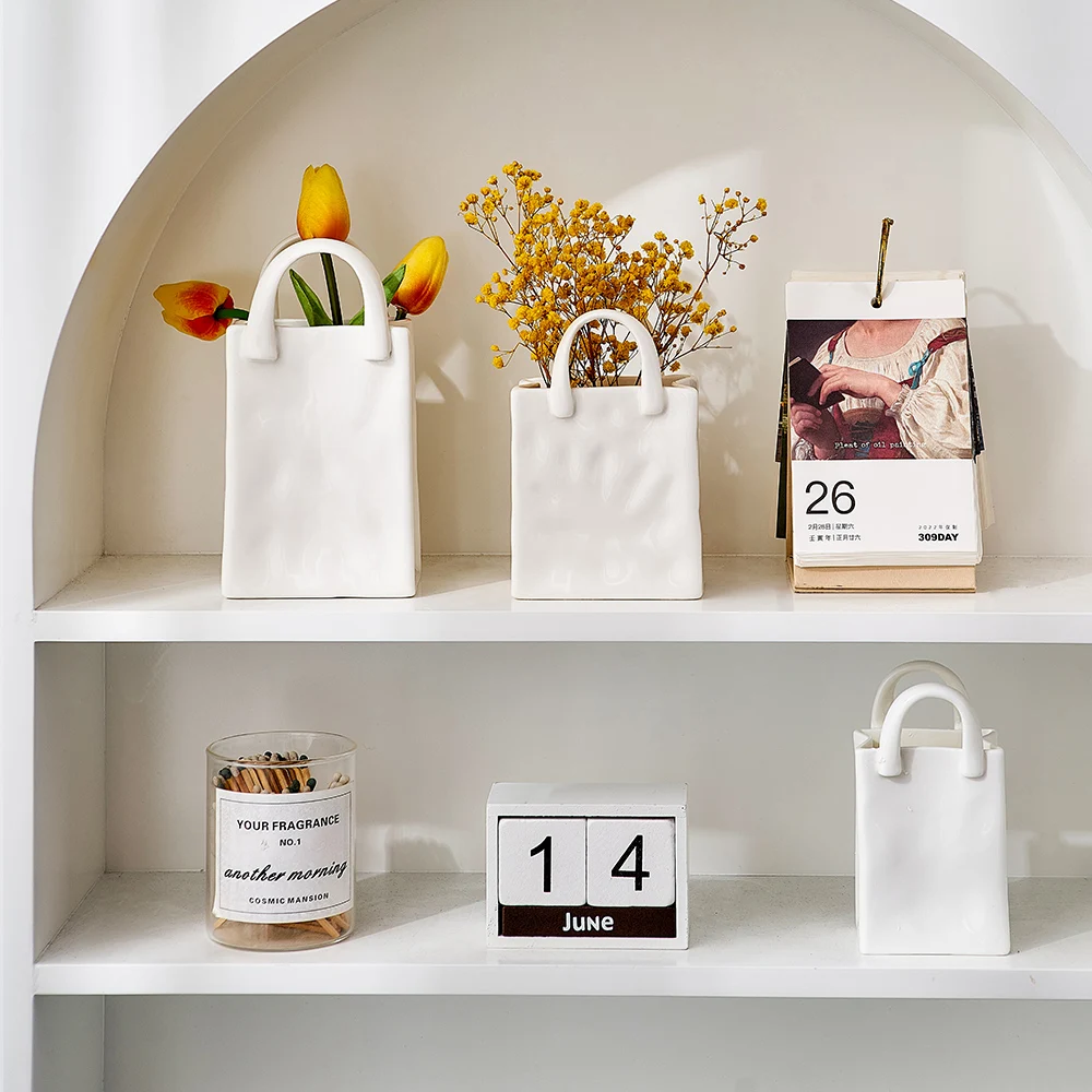 Nordic Creative Shopping Basket ceramic mini Vase Bag Decoration Simple Dried Flower Arrangement Vases Table Decor mini pots Art 6