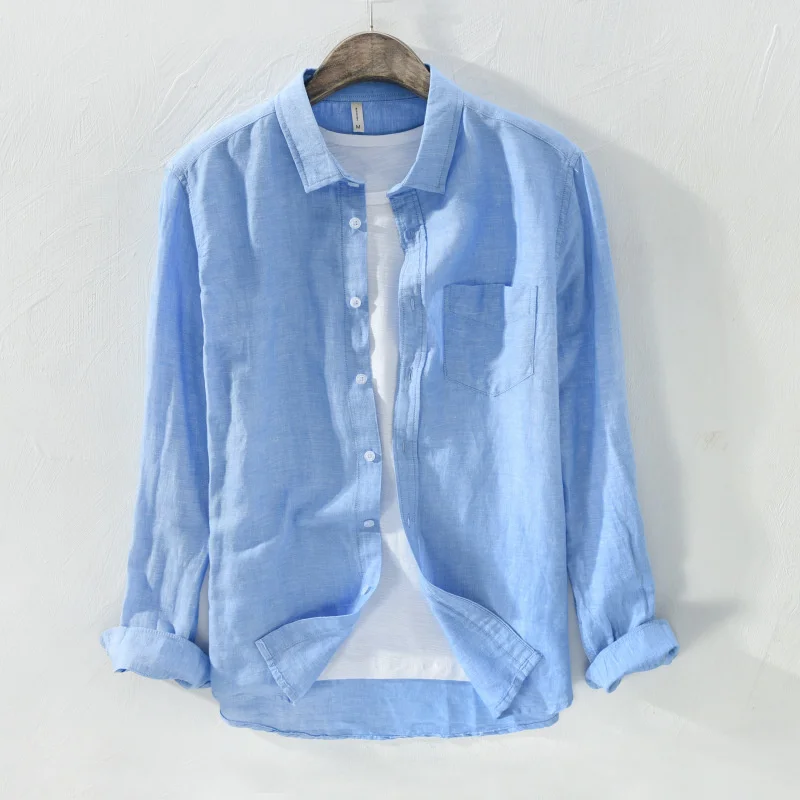 Mens Cotton Linen Shirt Breathable Casual Solid Colors Loose Turn-down Collar Long Sleeve Button Down Blouse Tops Shirts For Man