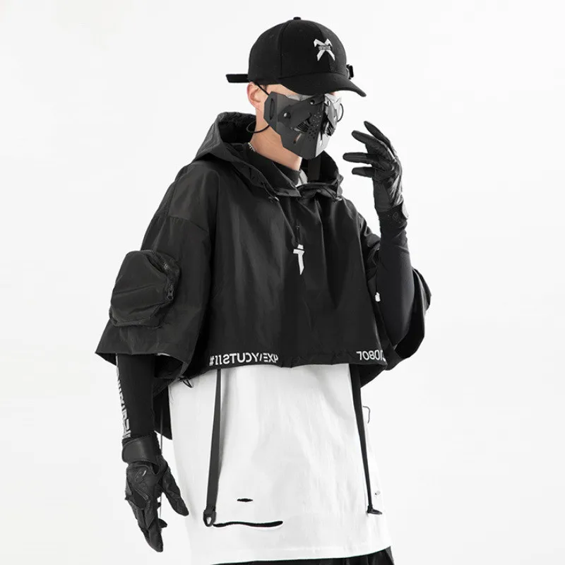 2024 Hip Hop Punk Techwear Short Jacket Hooded Cloak Men Women Multi Pockets Functional Pullover Jacket Street Casual Coat 4