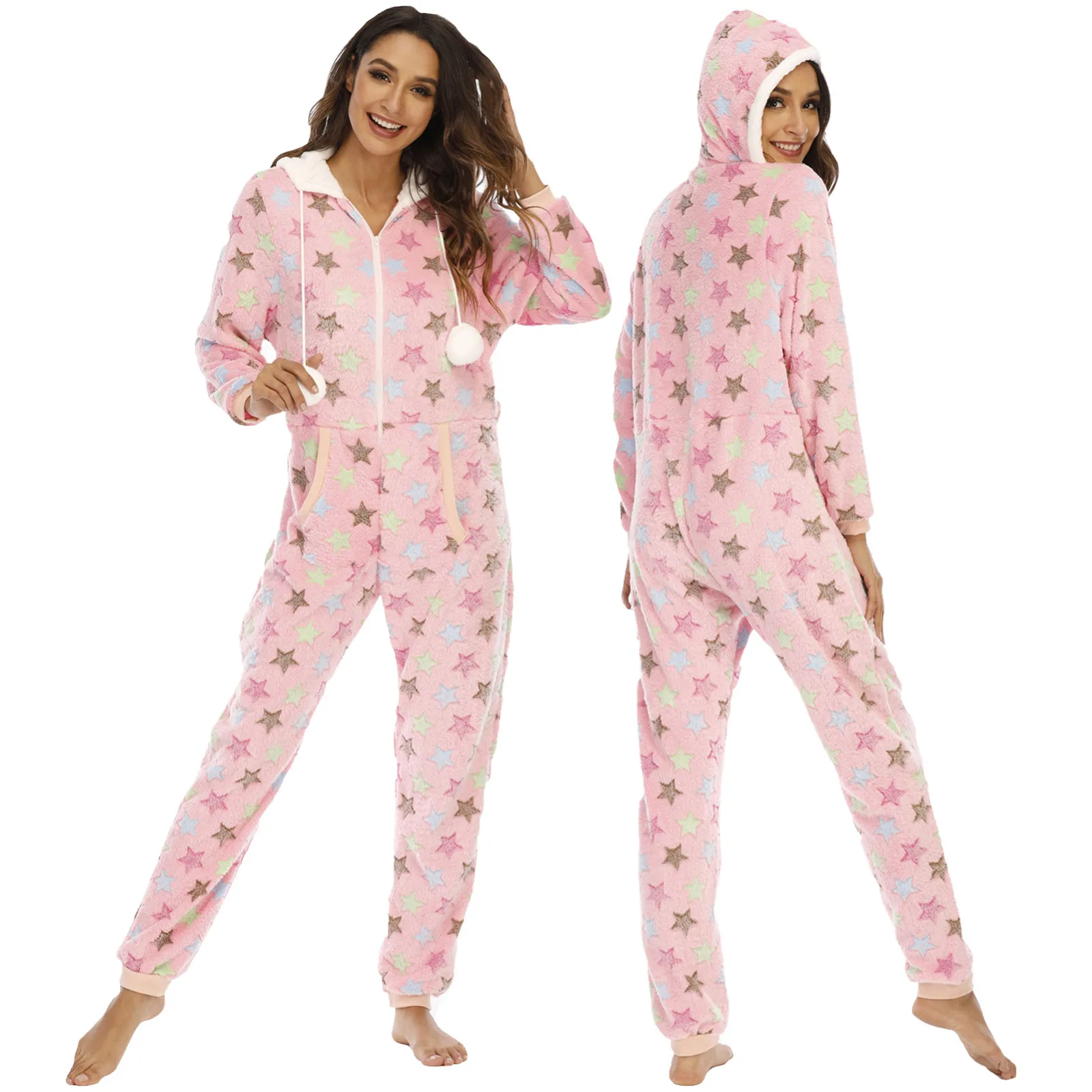

Cute Plush Print Onesie Pajamas Women’S Hooded Zipper Jumpsuit Thick Comfortable Warm Loungewear Adult Sexy Lingerie Nightgown