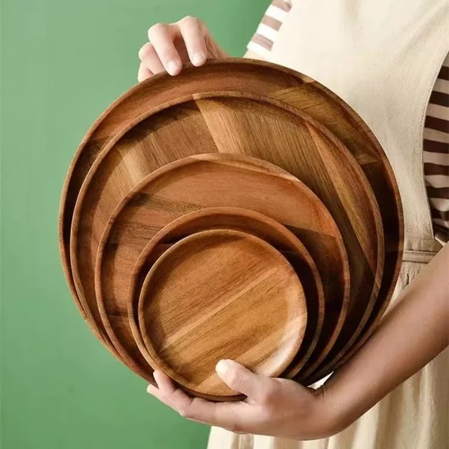 Retro Wooden round Serving Platter Tray Eco-Friendly Wood Plate Multi-Size for Pizza Salad Fruit Dessert Bread Cake Snack