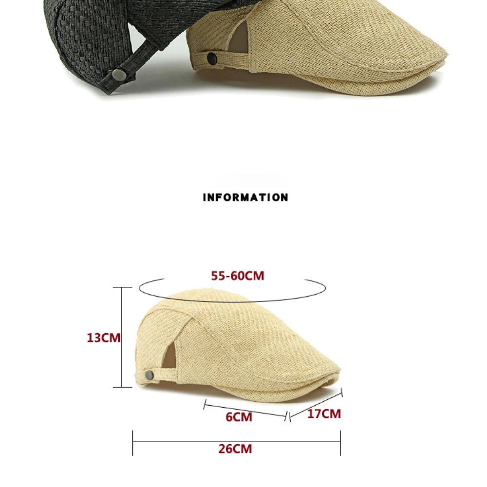 HT4831 Herren Berets Frauen Frühling Sommer Sonne Kappe Atmungsaktive Stroh Baskenmütze Hut Männlich Weiblich Einstellbare Ivy Flache Kappe Vintage Baskenmütze Kappen – Detail 2