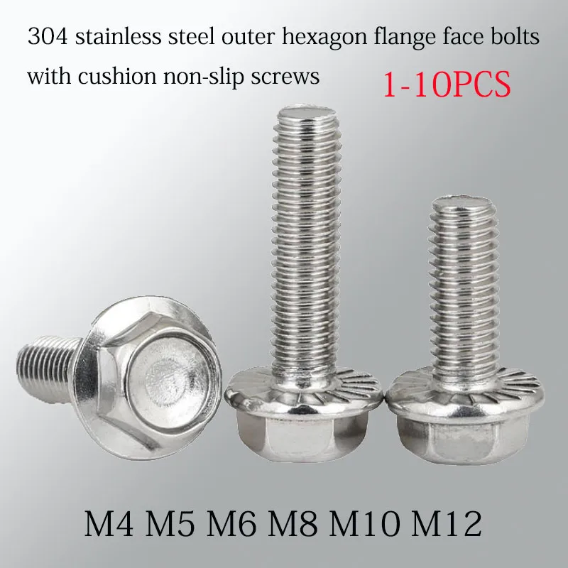 1-10PCS 304 stainless steel outer hexagon flange face bolts with cushion  non-slip screws M4 M5 M6 M8 M10 M12 AliExpress