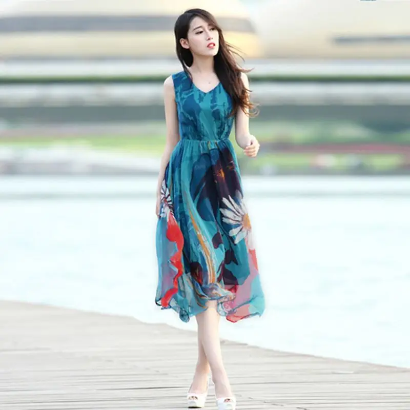 

Summer Elegant Sleeveless Dress Female Floral Blue Beach Holiday Boho Chiffon Dresses for Women Plus Size