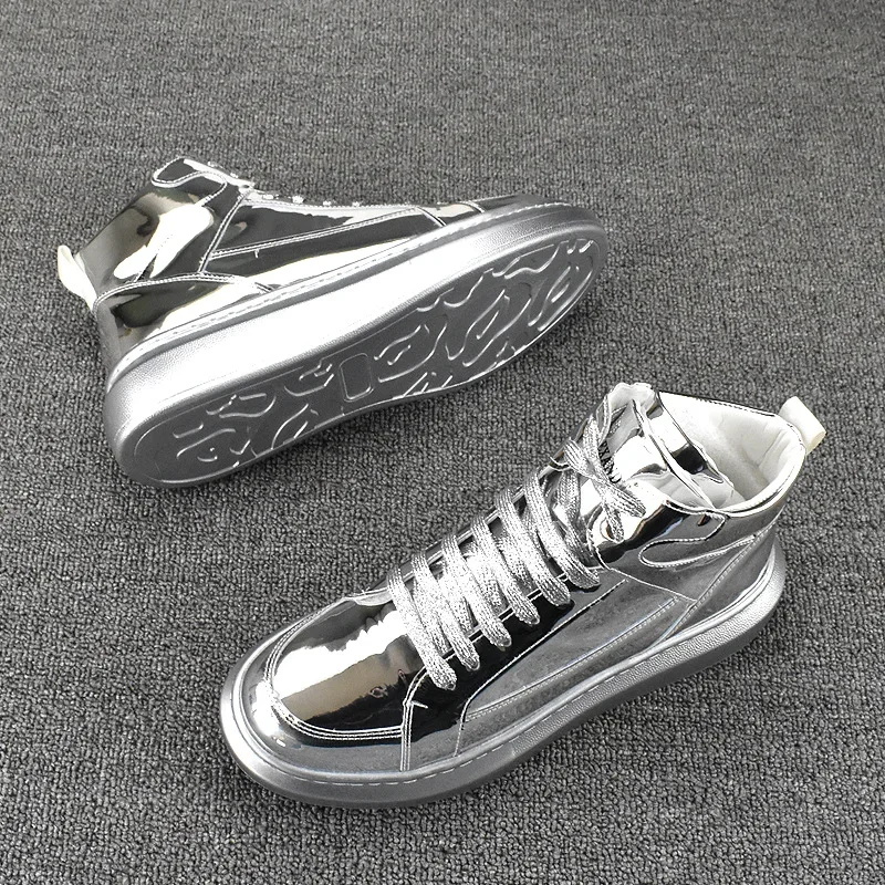 Bottes de moto montantes en cuir à lacets imperméables pour hommes, chaussures d'extérieur à plateforme, tendance, Gloden SLiver_voghion.com