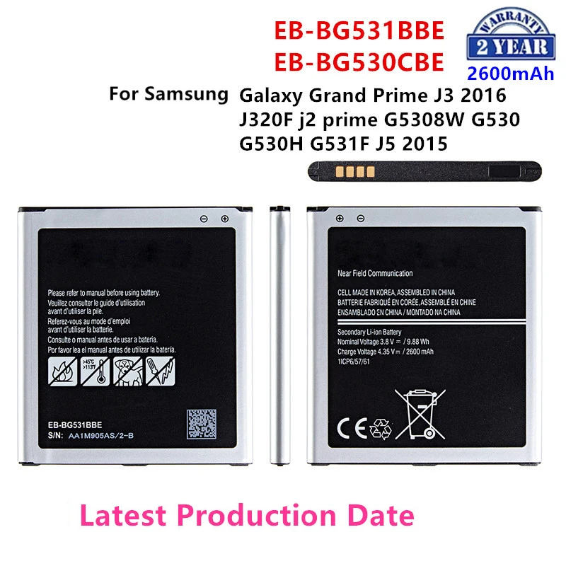 

Brand New EB-BG531BBE EB-BG530CBE Battery 2600mAh For Samsung Galaxy Grand Prime J3 2016 j2 prime G5308W G530 G531F