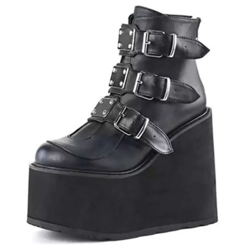Mona Flying Women's Genuine Leather Mid Calf Boots - Ruched, Buckle Strap & Side Zippers, Black-Purple
