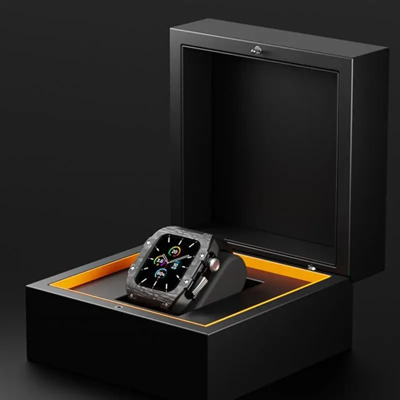 SCHIK Luxury Fluorine Rubber Watch Strap Carbon Fiber Case Cover Mod Kit,For Apple Watch 8 7 6 5 4 SE 44MM 45mm Series Watch