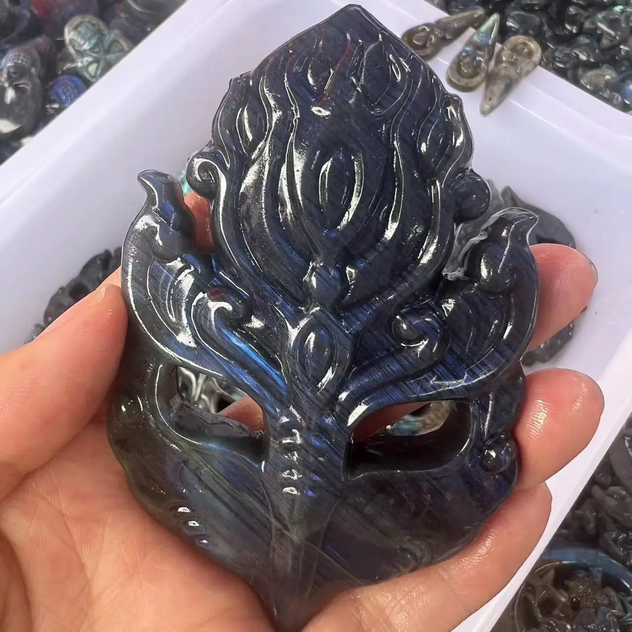 

Natural Labradorite Mask Crafts Ornament Desk Souvenirs Gift Quality Energy Statue Sculpture Carving