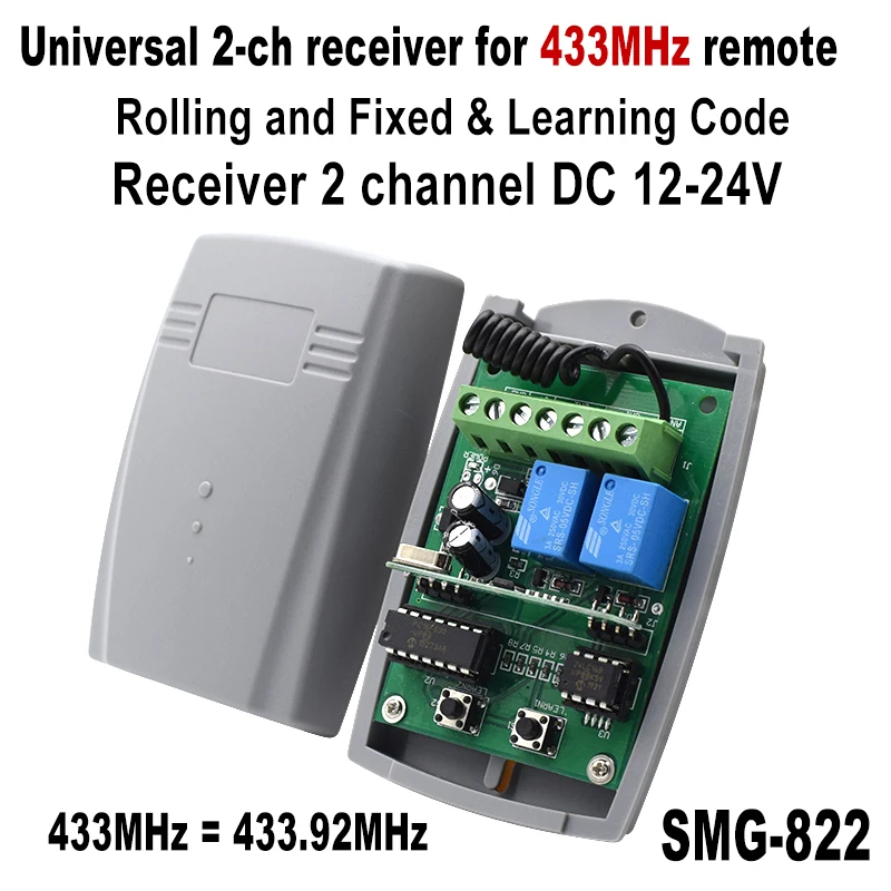 Universal Garage Door Remote Control Receiver DC 12-24V 433MHz Fixed Rolling Code Gate Relay Module Command Transmitter Switch