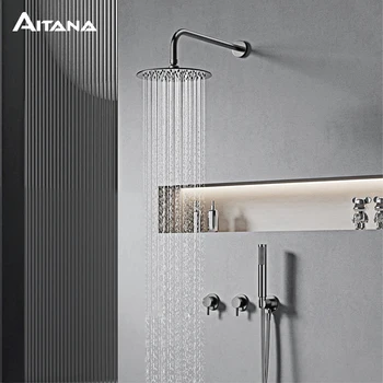 ระบบฝักบัวอาบน้ำแบบติดผนัง AITANA สไตล์มินิมอล สีนิกเกิลขัดเงา ดีไซน์ทันสมัย แบบฝังผนัง ฟังก์ชั่นคู่ ฝักบัวแบบเรนชาวเวอร์และแบบมือถือ ทำจากทองเหลือง 1