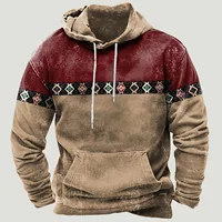 Men Vintage Patchwork Hooded Sweatshirt Autumn Colorblock Warm Long Sleeve Boho Ethnic Hoodies Male Drawstring Pullovers Top
