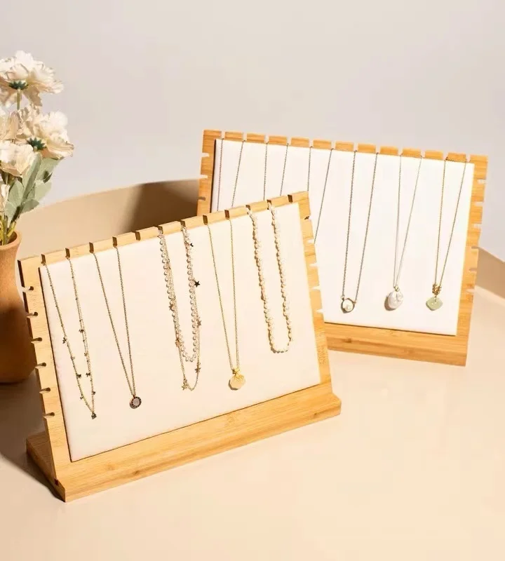 New bamboo wooden necklace display stand, jewelry pendant choker storage holder wood necklace display props for market selling 5