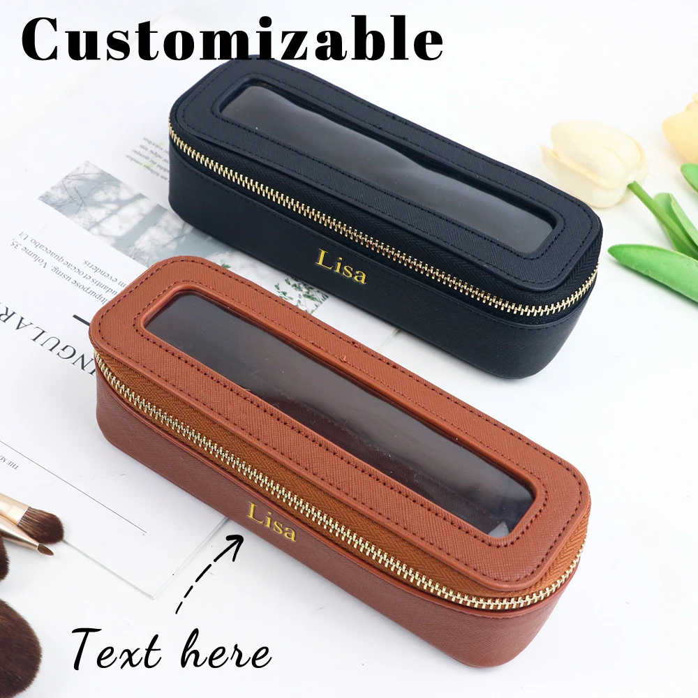 Customized Name PU Leather Transparent Makeup Brush Makeup Bag Portable Storage Bag Daily Necessities Storage Accessory 1