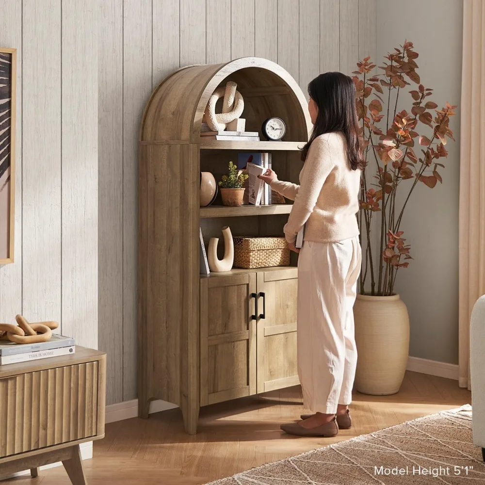 Lauren 65.4" Short Arched Cabinet, 5-Tier Arched Bookcase with Doors and Shelves, Mini Bookshelf with Storage